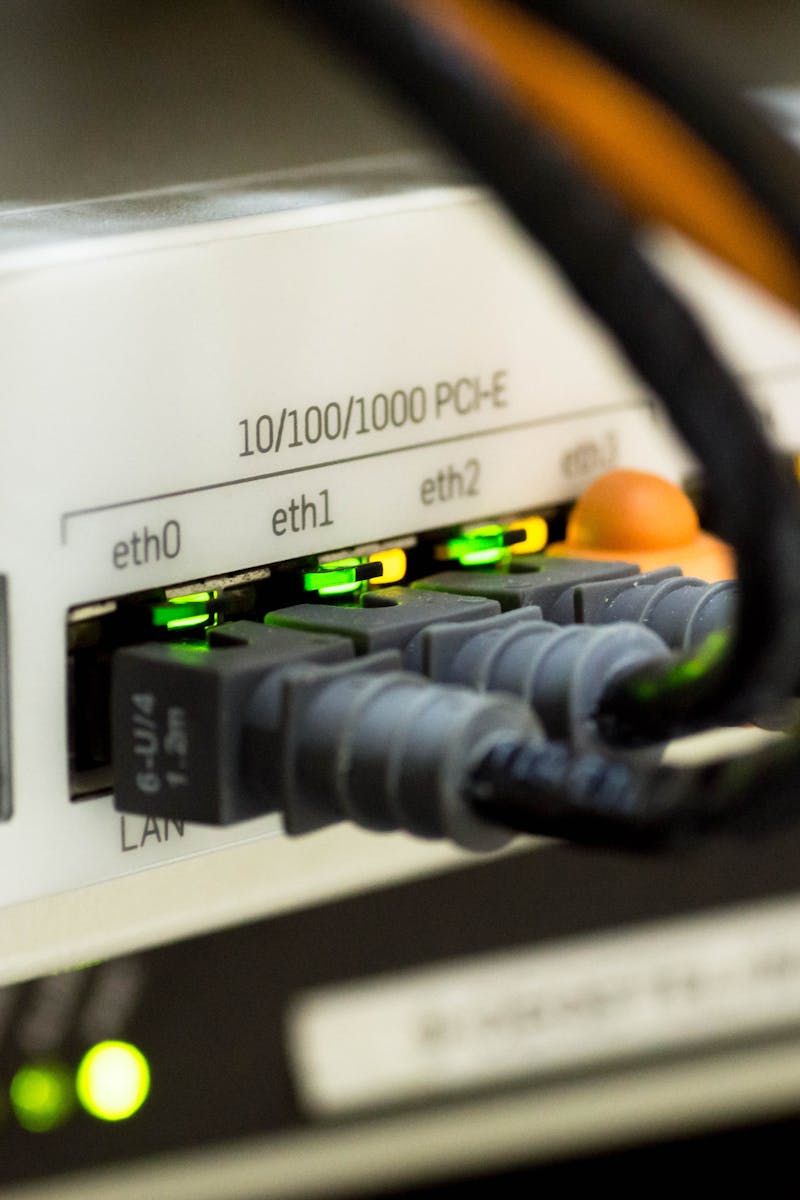 Detailed close-up of ethernet cables and network connections on a router, showcasing modern technology.